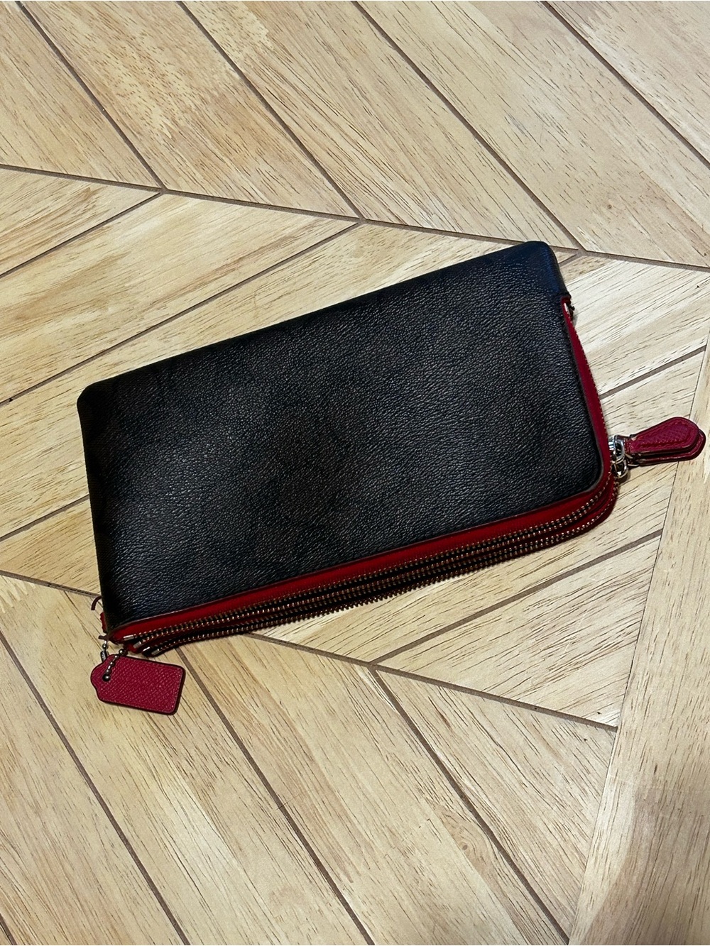 Coach Signature Brown Monogram Double Zip Wallet Red Trim - Picture 9 of 11